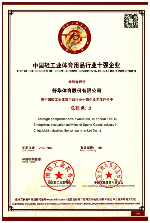 恭贺KY开元888代理的品牌-舒华荣获"中国轻工业体育用品行业十强企业"